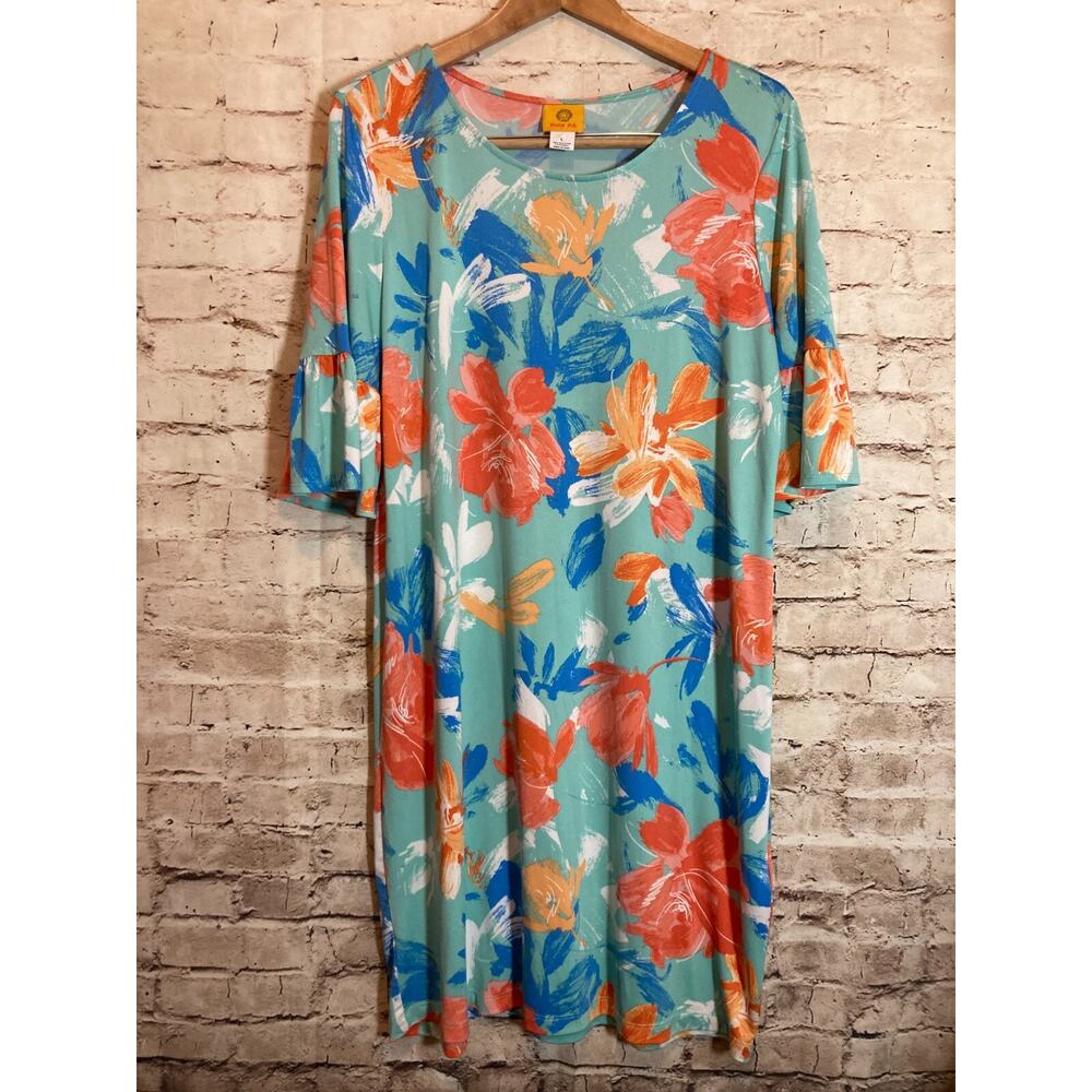 Ruby Rd. Resort Wear Dress Womens Large Turquoise Floral Bell Sleeve Lightweight